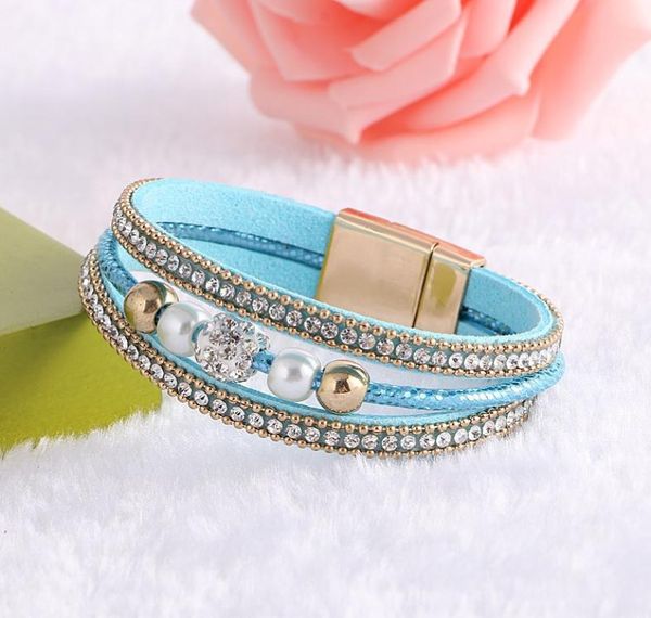 

fashion leather bracelets braided boho multilayer wristband magnet buckle crystal rhinestone imitation pearls charm bangle women j1352829, Golden;silver