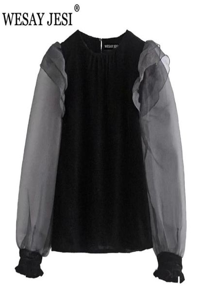 

vintage velvet ruffle shirt women transparent organza long puff sleeve blouse female fashion back opening black women039s b2413954, White