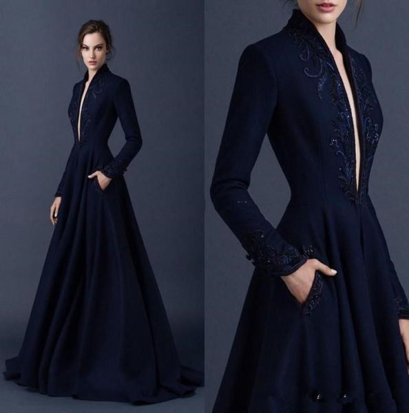 

navy blue satin evening dresses embroidery paolo sebastian dresses custom made beaded formal party wear ball gown plunging v neck 2307958, Black;red