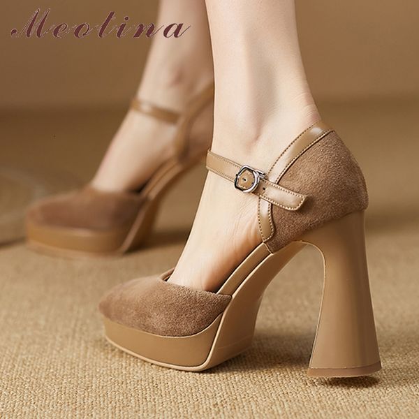 

dress shoes meotina women genuine leather pointed toe platform pumps thick high heel buckle kid suede ladies fashion spring autumn 230809, Black