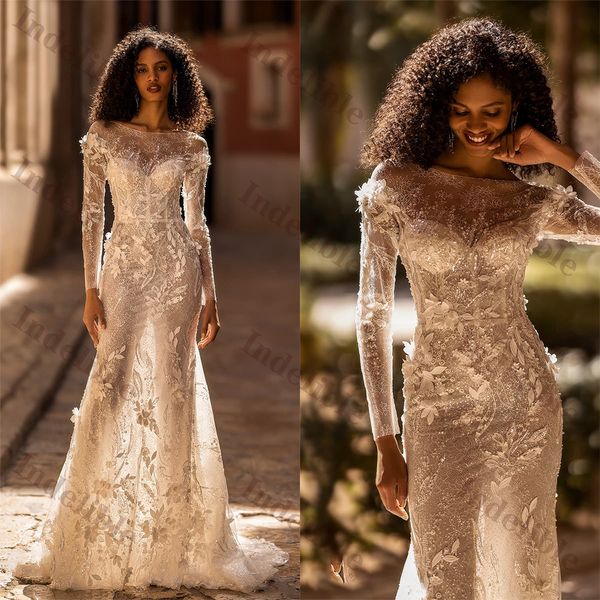 

3d-flowers wedding dresses new lllusion shine backless bridal gown long-sleeve lace brush train vestidos de novia customized d-h23265, White