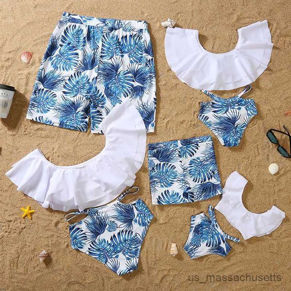 

family matching outfits clothing bikini sandbeach swimsuit family matching outfits leaf printing swimwear summer mommy and son daughter clot, Blue