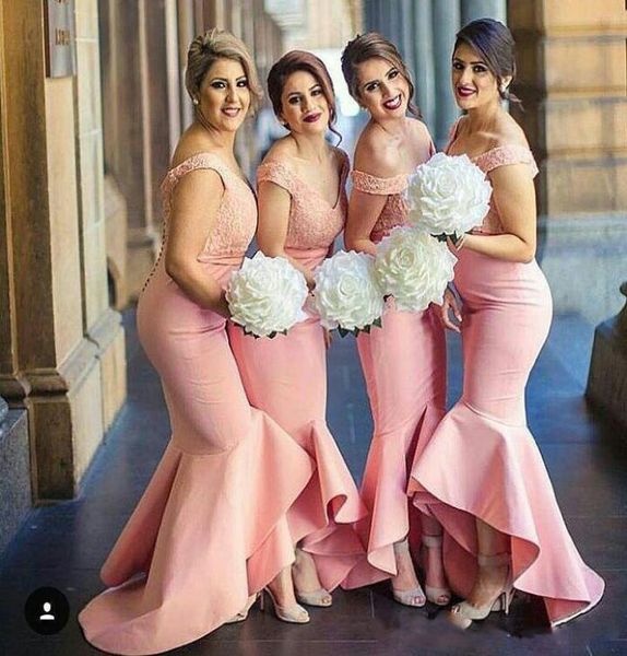 

new fashion pink high low mermaid bridesmaid dresses 2017 lace off shoulder satin sheath maid of honor gowns plus size wedding gue6463198, White;pink