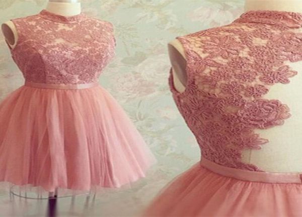 

vintage blue pink short homecoming dress high neck lace mini prom dresses custom made illusion back cocktail party dresses 20173665013585