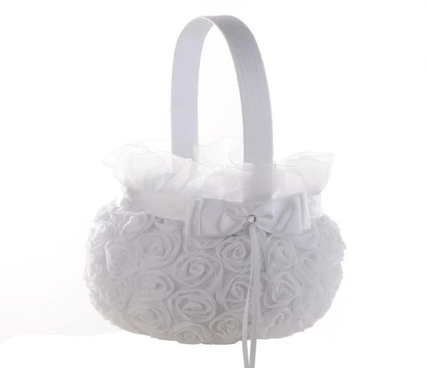 

white rose flower girl basket elegant satin bow knot round wedding favors decoration4244804