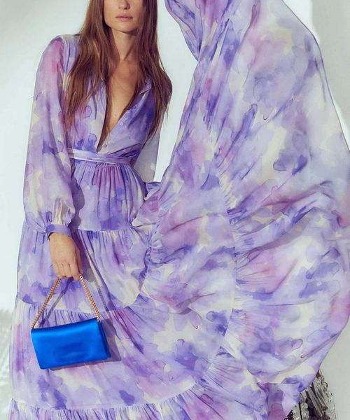 

designer dress, high-end purple print long dress, lapel shirt skirt, large swing dress, robes designer, Black;gray