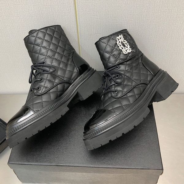 

womens ankle boots ladies sheepskin designer quilted texture hardware matelasse lace-up rainboots motorcycle boot rubber non-slip outsole ou, Black