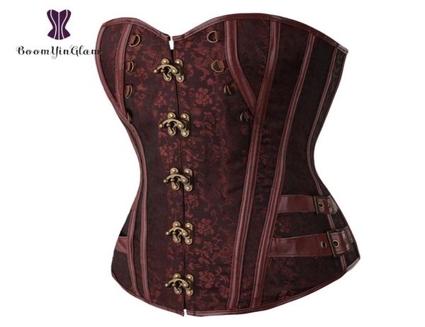 

waist trainer brocade steampunk jacquard faux leather studded overbust brown corset bustier with chains s6xl 9161079415, Black;white