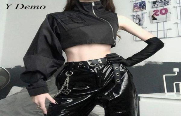 

techwear asymetric women jacket one shoulder stand collar zipper jacket4893497, Black;brown