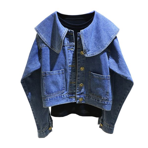 

womens jackets fashion lotus leaf collar denim coat women spring vintage loose single breasted short jeans jacket female clothes g2525 23080, Black;brown