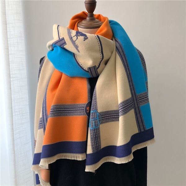 

scarves fashion winter warm cashmere shawl scarf for women horse print pashmina thick scarves wrap femal poncho echarpe bandana 230810, Blue;gray