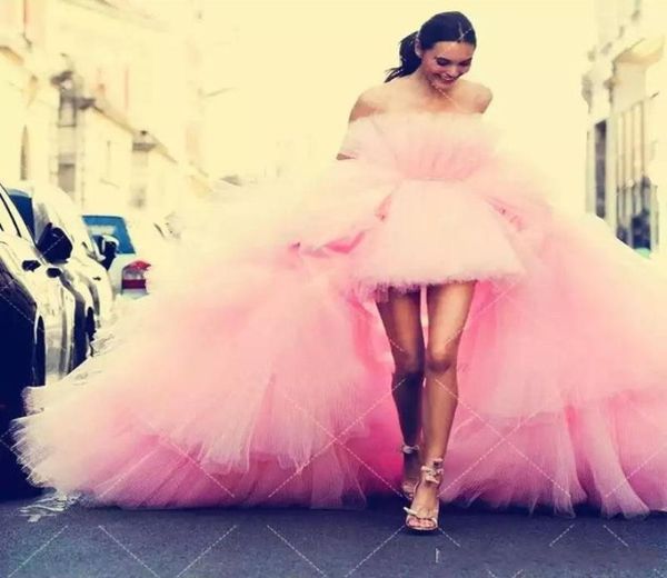 

2020 new design pink prom dresses strapless full tulle tiered ruffles open back high low length evening dress wear party4272751, Black;red