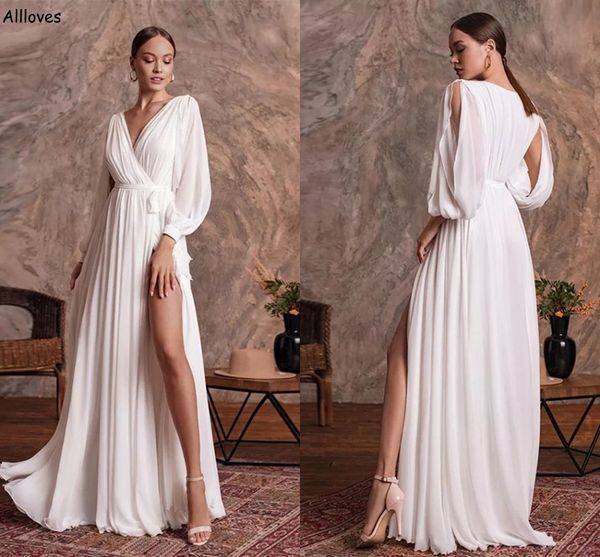 

stylish boho beach chiffon a line wedding dresses with long sleeves v neck plus size maternity bridal gowns thigh split bride reception robe, White
