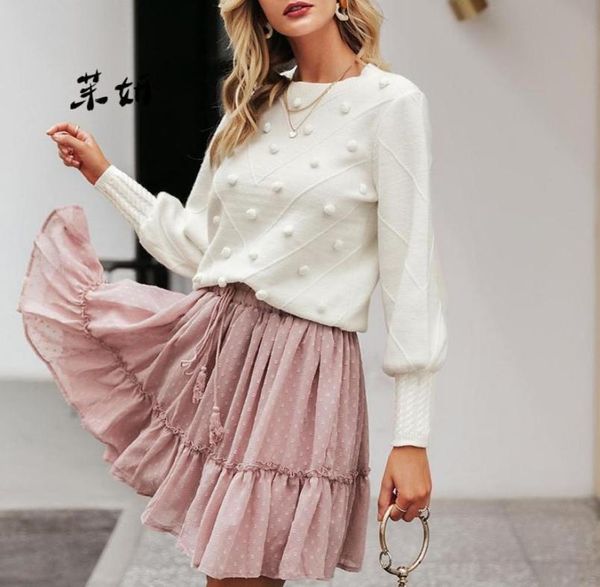 

elegant pompon white sweater women invierno 2019 lantern sleeve knitted sweater female pullover ladies jumper streetwear6984780, White;black