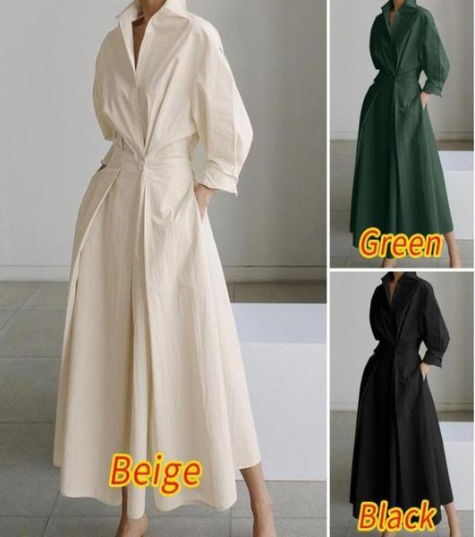 

qnpqyx new summer women039s dress fashion commuter solid color women039s retro lapel elastic waist shirt long sleeve big swi4620835, Black;gray