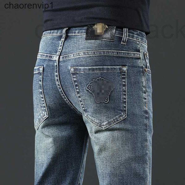 

men's jeans designer autumn korean small feet pants slim fit thick european embroidered medusa blue vfo6