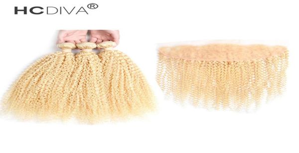 

brazilian virgin kinky curly blonde hair bundle with lace frontal grade color 613 3 bundles hair with closure 13470423097245656, Black;brown