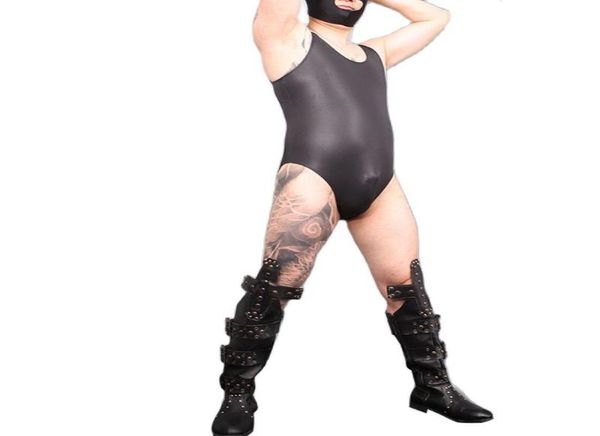 

men039s body shapers sleeveless round neck elastic faux pu leather bodysuit tank men bodybuilding fitness clothing jym tank6408108, Black;brown