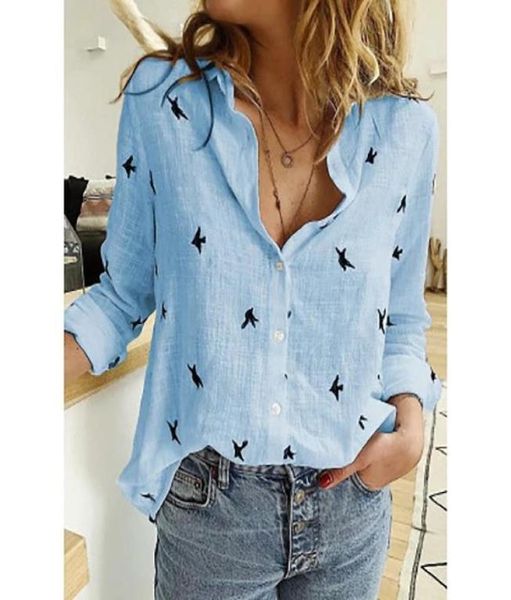 

casual blouses plus size long sleeve birds print loose shirts women oversized cotton linen blouse and vintage streetwear tuni5322782, White