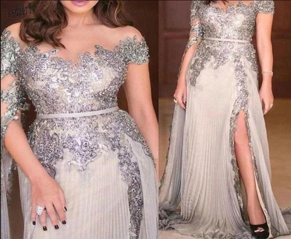

silver grey 2021 prom dresses a line chiffon formal evening gowns off the shoulder charming slit front long mother of the bride dr5303462, Black