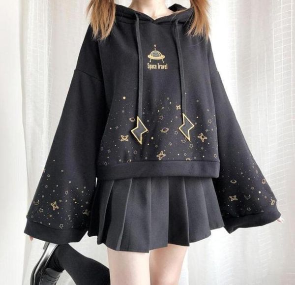 

women039s hoodies sweatshirts qweek japanese style lantern sleeve gothic harajuku kawaii starry sky print plus size mall goth179238847498, Black