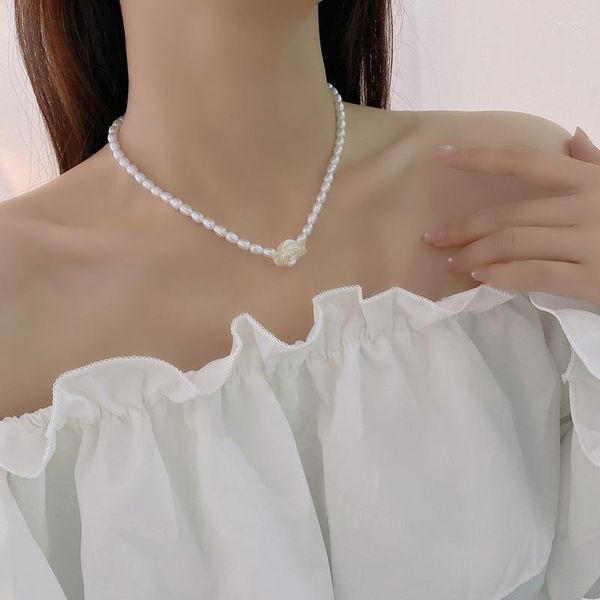 

choker vintage fairy temperament flower necklace women girls simple pearls, Silver