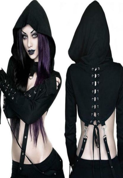 

fashion women gothic punk hoodies bandage halloween sweatshirt crop y2009152654264, Black
