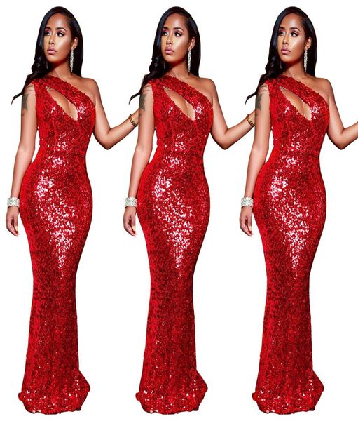 

highend red sequin evening party maxi long dress women039s sleeveless oblique shoulder hollow out slim bodycon dress vest7539507, Black;gray