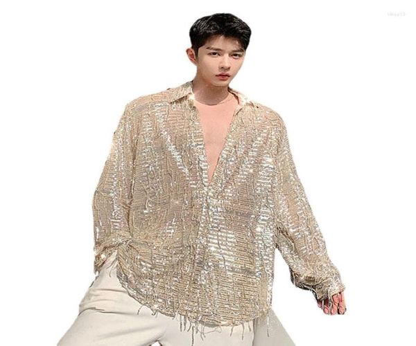 

men039s casual shirts men see through long sleeve tassel sequins shirt male retro fashion streetwear loose dress stage show clo9167676, White;black