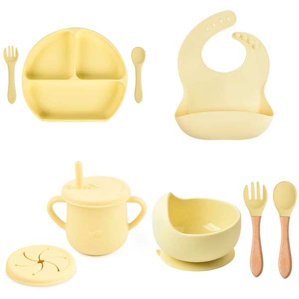 

cups dishes utensils 8pcs baby soft silicone bib dinner plate suction cup bowl spoon fork set non slip food grade kids 230810