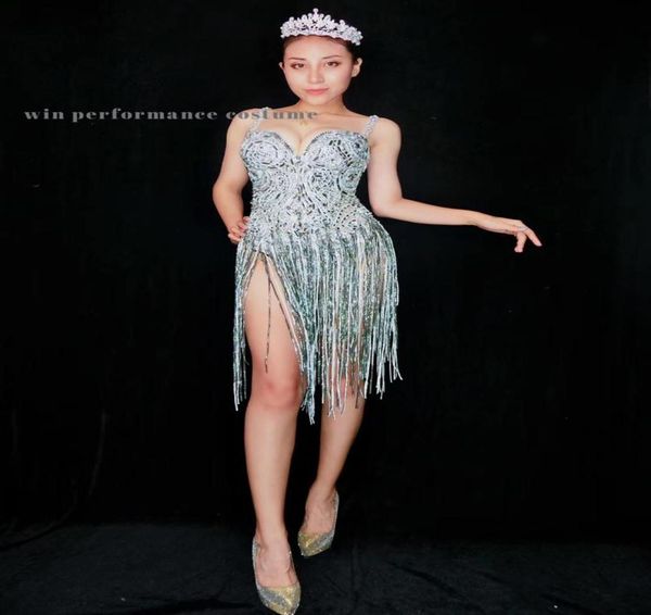 

stage wear shining silver crystal fringes tube dress birthday celebrate female singer tassel latin partyu club group dancings2825743, Black;red