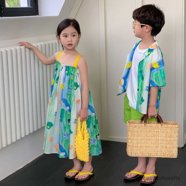

family matching outfits brother shirt sister dress 2023 summer boy girl ink painting suspenders clothes family matching outfits sibling look, Blue