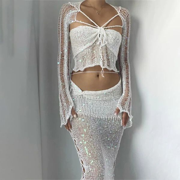 

women's knits tees 2023 summer beaded knitted sweater 4piece set women cardigan y2k gothic clothes crop 230809, White