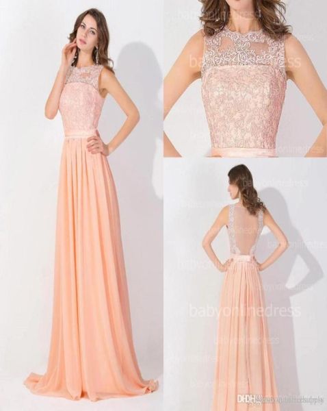 

peach pink long chiffon prom dresses 2016 lace real image backless sheer long evening gowns in stock bridesmaid dress41234622953431, Black