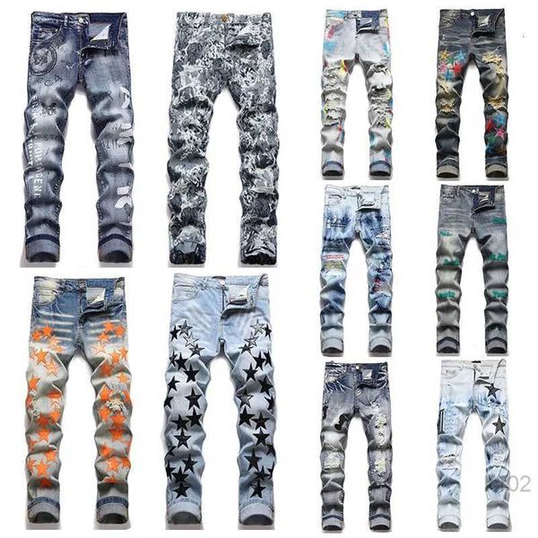 

men's designer jeans embroidery hip hop joker denim pants men broken hole patch elastic slim feet pencil trousers, Blue