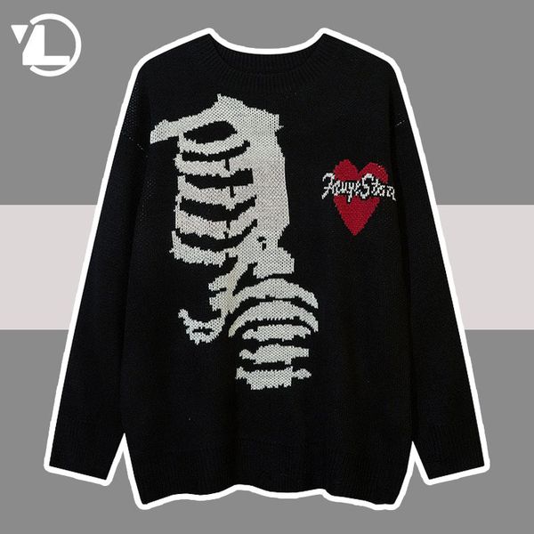 

men's sweaters oversized skull sweater men hip hop vintage heart letter printed knitted pullover women high street skeleton bone hole j, White;black