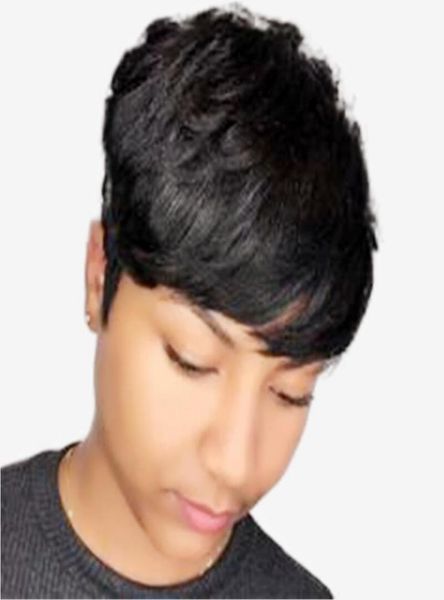 

short pixie cut straight brazilian remy human hair wigs for black women glueless full none lace front machine made wig4145101, Black;brown
