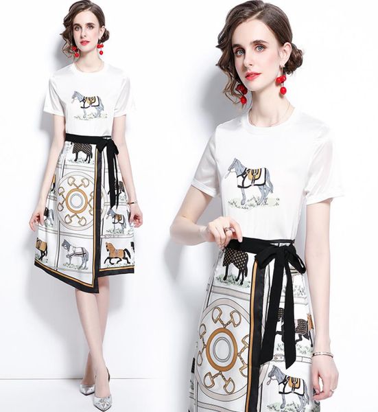 

trend womens set tshirtskirt short sleeve printed summer two piece set highend lady irregular trendy sets fashion work casual s5248281, White