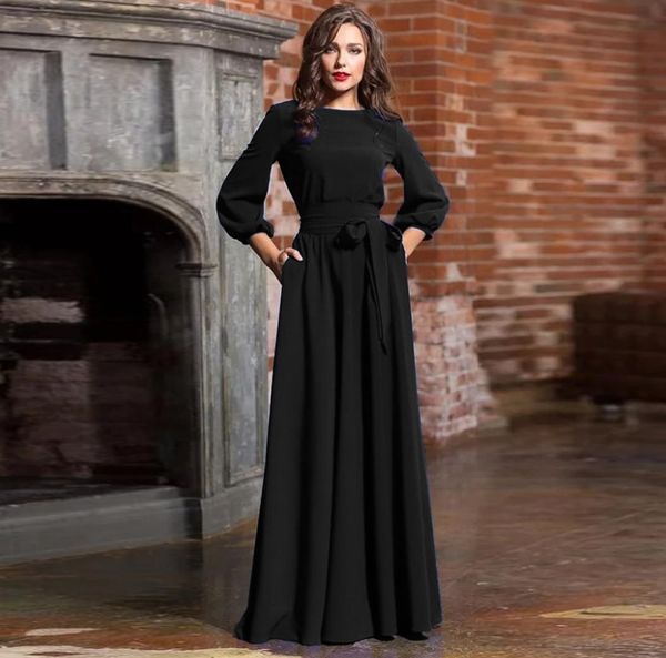 

wholeluzuzi spring woman oneck long dress new bohemian style slim vestidos vintage three quarter lantern sleeve casual dress2683701, Black;gray