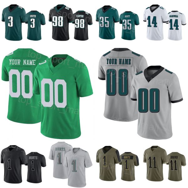 

men kids women football 1 jalen hurts jersey 14 kenneth gainwell 35 boston scott 22 trey sermon 11 a.j. brown 98 jalen carter 3 nolan smith, Black;red