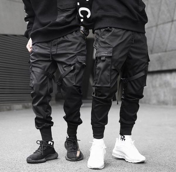 

men ribbons color block black pocket cargo pants black harem joggers harajuku sweatpant hip hop trousers3772173