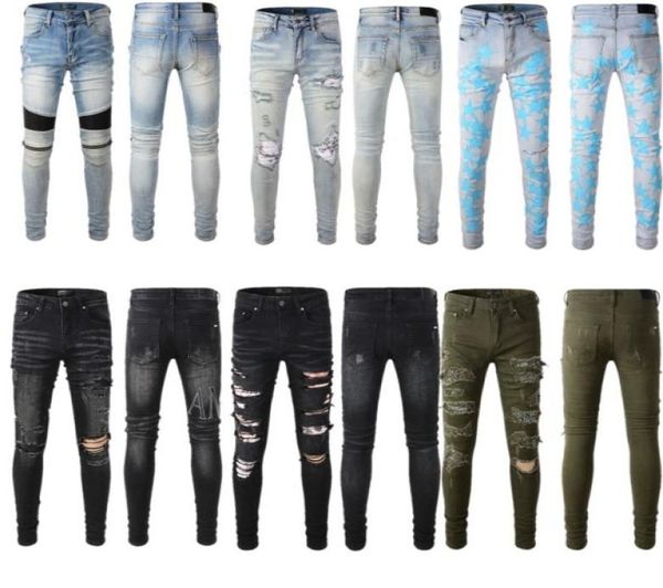 

mens designer jeans distressed ripped biker slim fit motorcycle bikers denim for men fashion mans hip hop pants1334543, Blue