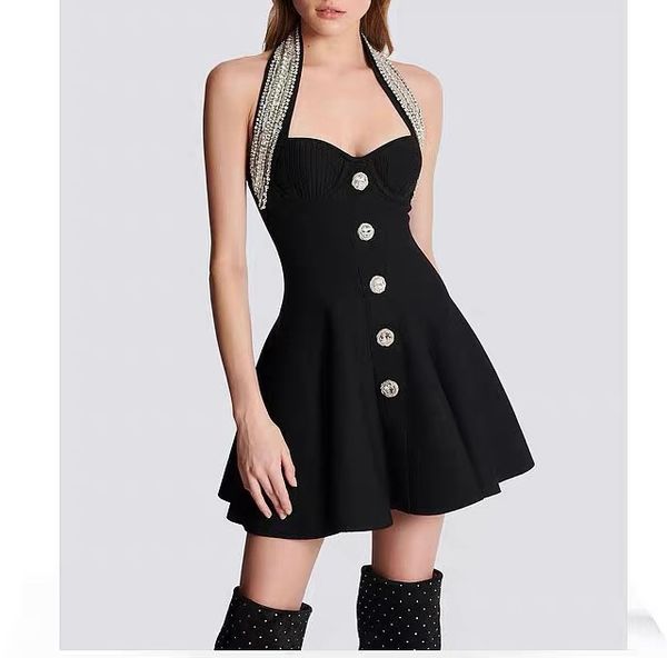 

womens dress black crystal decoration halter mini dress, Black;gray