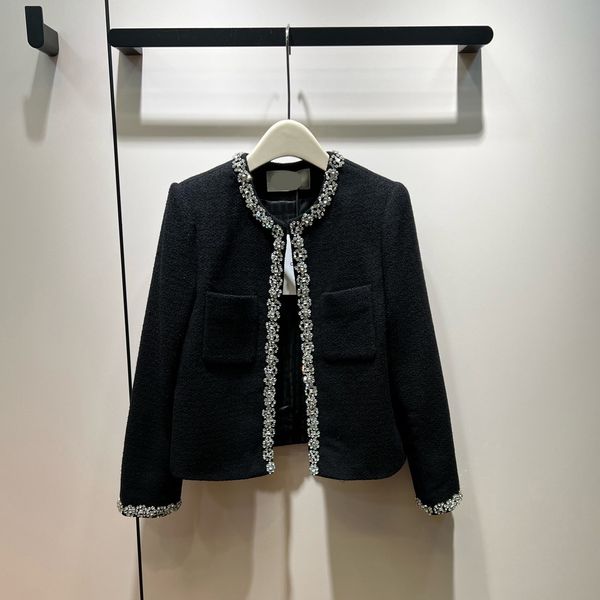 

european fashion brand rhinestone decorated black wool blend jacket, Black;brown