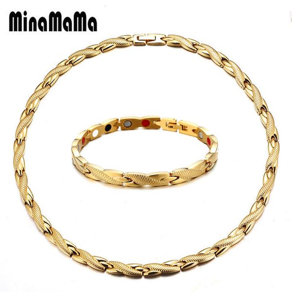 

wedding jewelry sets health energy magnetic for men stainless steel chain link infrared germanium arthritis care bracelet and necklace 23080, Slivery;golden