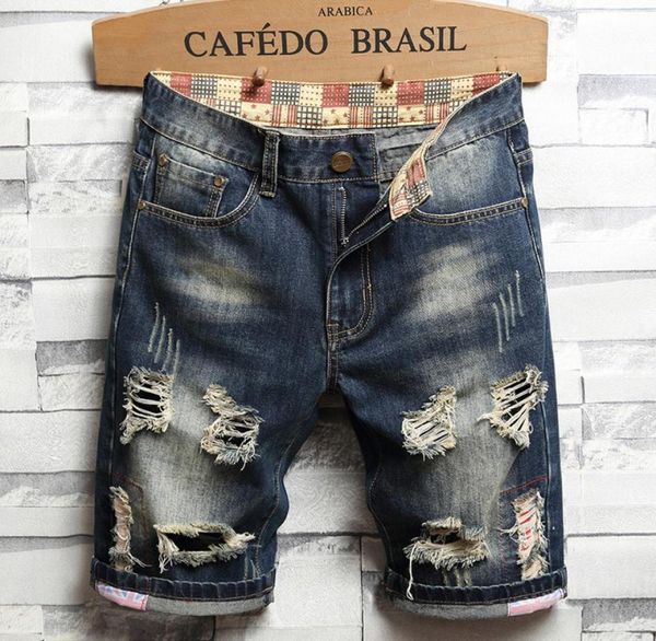 

unique men ripped denim shorts vintage fashion designer men039s washed knee length jeans summer hip hop short pants mens trouse4738988, Blue