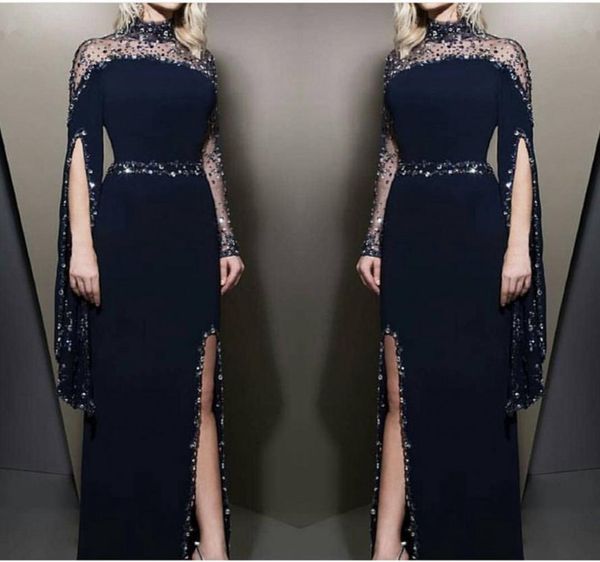 

navy blue sheer high neck sheath split evening dresses 2019 long sleeves beaded formal party red carpet evening gowns2261713, Black;red