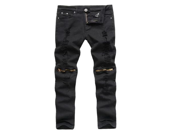 

men ripped knee hole zipper jeans fashionable spring summer casual slim stretchy elastic slim worn hole long pants male trousers2998314, Black