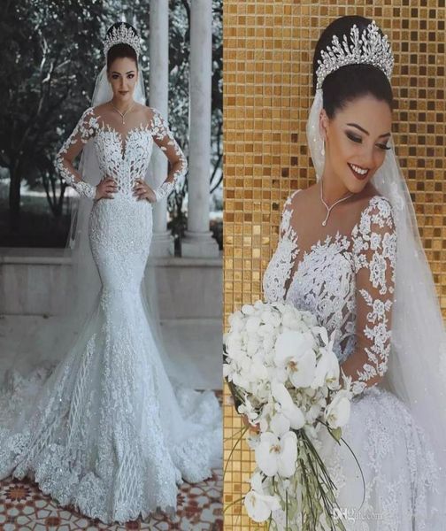 

new luxury modest mermaid wedding dresses sheer neck long sleeves full lace appliqued beads bridal gowns sweep train9994932, White