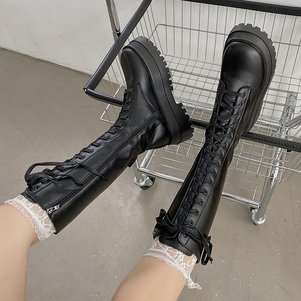 

boots women motorcycle knee-high boots woman fashion thick sole platform flats heels zipper botas femininas long booties 230809, Black